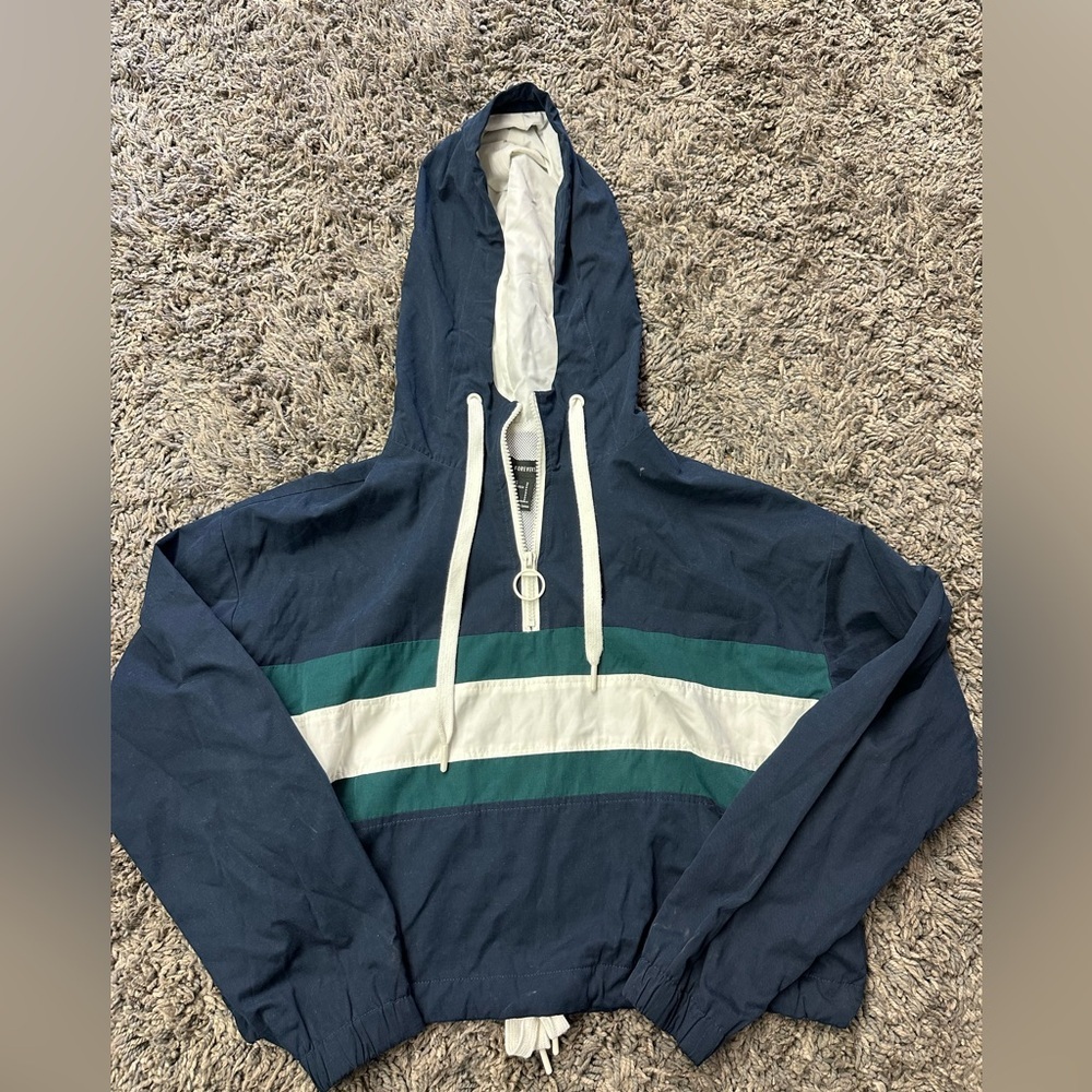 Forever 21 Forever 21 Blue Green White Stripe Crop Windbreaker Hoodie Sz S <142>